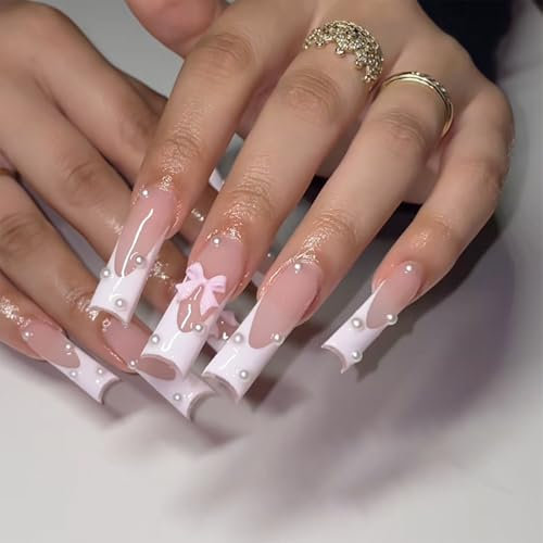 NICENEEDED 24 pièce de Longs Ongles à Pression French Tips Faux Ongles Carrés Faux Ongles à Coller White Pearl avec Motifs de Nœuds Roses