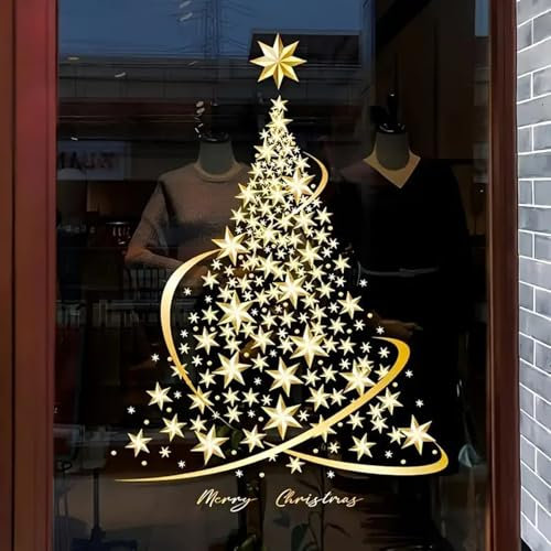 New Year Window Stickers, Weihnachten Fensterbilder, Goldener Weihnachtsbaum-Fensteraufkleber, Weihnachtsbaum Wandaufkleber, Wiederverwendbar Weihnachten Fenster Clings für Glas Dekor (1PC)