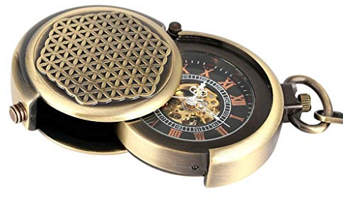 NEIMENG Mechanische Taschenuhr im Retro-Stil mit hohler Abdeckung, einzigartige doppelte Drehscheibe, Handaufzug, mechanische Taschenuhr, Steampunk, Bronze, 30 cm lange Kette