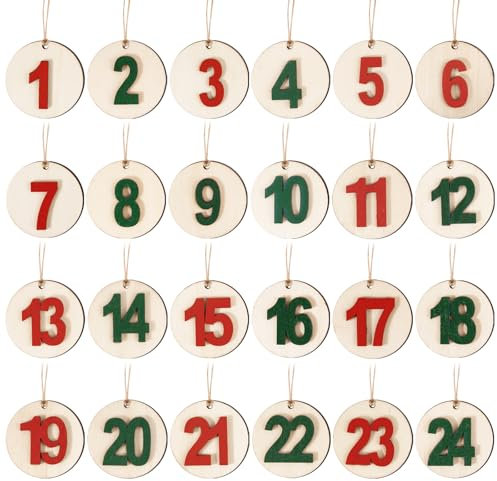 BOFUNX 1-24 Adventskalender Zahlen Anhänger Holz Adventskalender Holzzahlen Holzanhänger DIY Countdown Kalender Weihnachtskalender Geschenke Anhänger