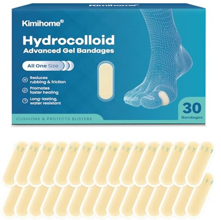 Kimihome Vendas hidrocoloides para pies – Vendajes de gel de 30 unidades – Cojines de ampollas para talón, dedos de los pies – Prevención de ampollas para viajes – Almohadillas de vendajes resistentes