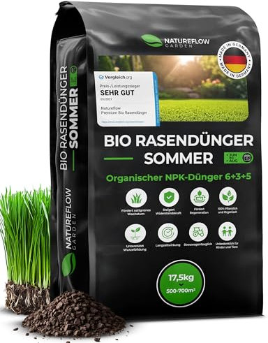 Bio Rasendünger Sommer TESTSIEGER Made in Germany – 17,5kg für 700qm - Organischer Rasendünger Bio für gesunden Boden & sattgrünen Rasen - Dünger Rasen, Sommerdünger Rasen von Natureflow Garden