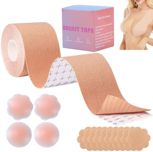 ANGELEMM Boob Tape Boobtapes Large Breasts - Boobtapes Push up Invisible 5M Boobie Bra Tape, Self-Adhesive Strapless Boobtapes for Dresses, Breast Lift Tape with 14 Pcs Nipple Covers Beige