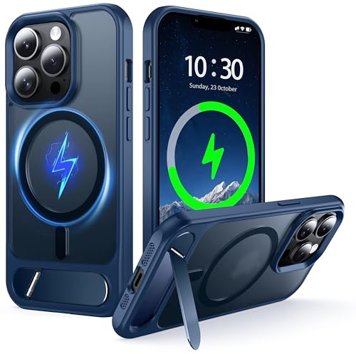NJROW Magnetic Stand for iPhone 13 Pro Max Case Compatible with MagSafe [Stand & Wireless Charging 2in1] [Flush Hidden Kickstand] [Military Shockproof] Slim Translucent Matte Silicone,Blue