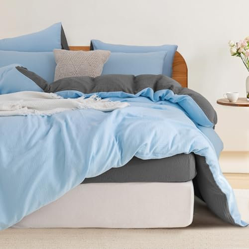 Boqingzhu Baumwolle Muslin Bettwäsche Blau Grau 135x200cm Weich Kuschelig Sommer Wendebettwäsche Set Hellblau Himmelblau Bettbezug 135x200cm und Kissenbezug 80x80cm mit Reißverschluss
