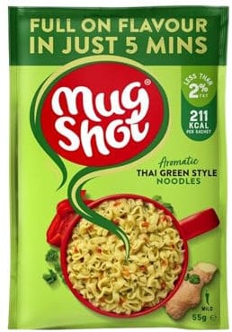 Mug Shot Thai Style Noodles 55g (Pack of 10) – Instant Ribbon Noodles in Creamy Coconut & Lemongrass Sauce – Low Fat, Under 230 Calories, Vegetarian, Quick 5-Minute Meal