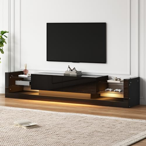 NovaFurnish Armario para TV de alto brillo con iluminación LED, 181 cm, para televisores de hasta 80 pulgadas, frontal de cristal, dos cajones plegables (negro, 181 x 38 x 38 cm)