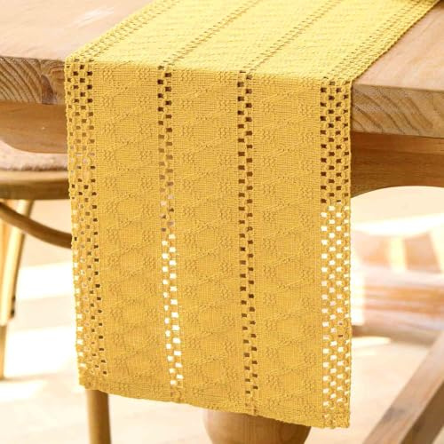 Jayusaror Tischläufer Gelb Boho Makramee Modern Frühling Bauernhaus Klein Tischdecke Schmal Landhausstil Rustikaler Tisch Läufer Baumwolle Leinen Table Runner für Hochzeit Tabletop Deko 30x100 cm