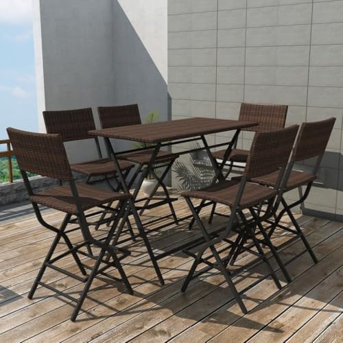 Teenpull 7-TLG. Garten-Essgruppe Klappbar aus Stahl & Poly Rattan, Braun, 120x60x101 cm Tisch, wetterfestes Outdoor Set für Balkon & Terrasse