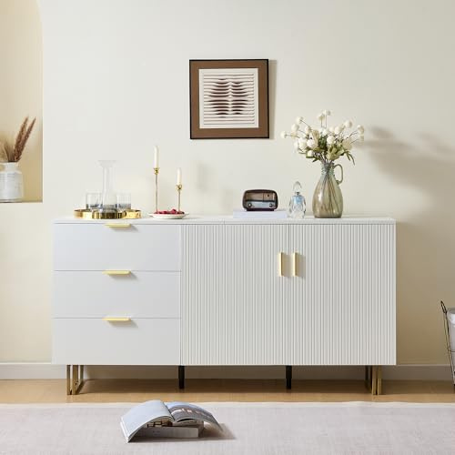 Azkoeesy Sideboard Kommode Buffetschrank Küchenschrank 160 cm weiß mit goldenen Akzenten für Wohn- und Esszimmer, TV-Schrank Aufbewahrungsschrank