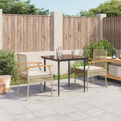 Owoxanthellate 3-Teiliges Rattan Gartenmöbel Set Beige 80x80 cm mit Glastisch und Polsterkissen Moderne Terrassen Sitzgruppe platzsparend für Balkon Garten und Außen Lounge