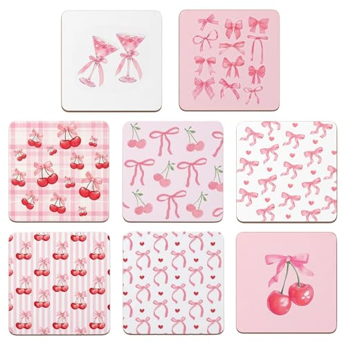 8 Stück Schleifen Untersetzer, Quadratisch Holzuntersetzer 10cm, Rosa Untersetzer Holz mit Kirschmotiv, rutschfest Tassenuntersetzer für Kaffee Tee Bier, Coquette Untersetzer für Zuhause Büro Bar