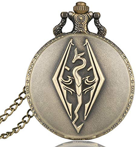 L'ancien Scrolls Vintage Bronze Copper Skyrim Montre De Poche Hommes Pendentif Rétro Quartz Antique Dragon Montre De Poche Collier avec Chaîne Cadeau