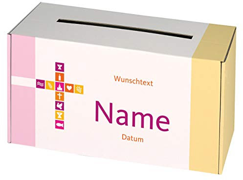 Herz & Heim® Briefbox zur Taufe/Kommunion/Konfirmation mit Namen und Datum bedruckt für Mädchen oder Jungen Motiv: Kreuz 1