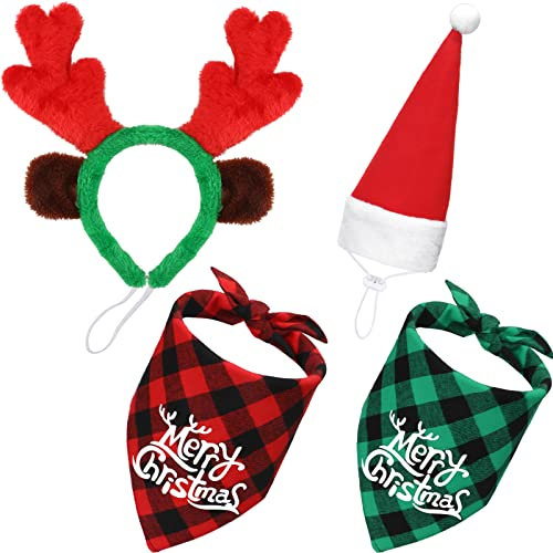 4 Stück Verstellbare 3D Weihnachten Hund Weihnachtsmütze, Weihnachten Klassisch Büffel Plaid Haustiere Schal Dreieck, Weihnachten Rentier Geweih Stirnband mit Ohren Haustier Kostüm Zubehör