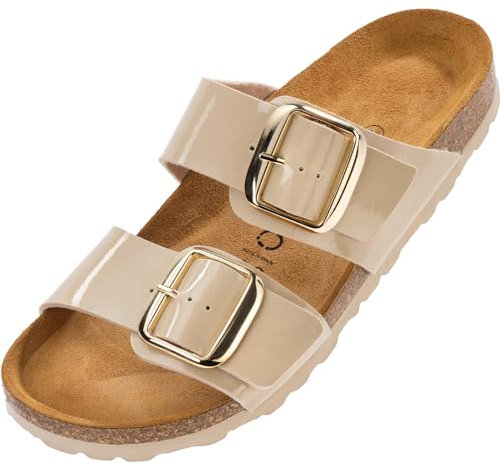 Palado Pantoletten Damen Samos GS - bequeme Sandalen Made in Spain - Hausschuhe mit dämpfendem Kork-Fußbett - modische Sommerschuhe Lack Creme UK7 - EU40