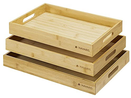 Navaris Plateau de service rectangulaire - Lot de 3x plateau rectangulaire en bambou avec 2 poignées - Plateau repas petit-déjeuner taille S M L