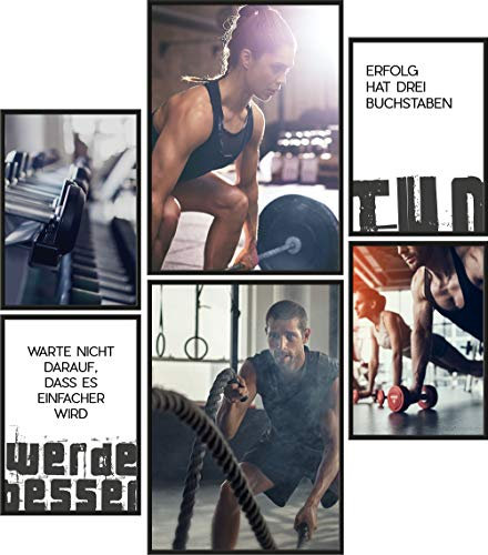 Papierschmiede® Mood Poster Set Fitness, Gerahmte Bilder in schwarzen Holzrahmen, Wohnzimmer & Küche, 2x DIN A3 und 4x DIN A4, Motivation Energie Ausdauer