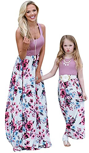 EFOFEI Donne Boho Flare O-Neck Vestito A Vita Alta Patchwork Vestito Elastico Vita Maxi Vestito Fiore Viola L