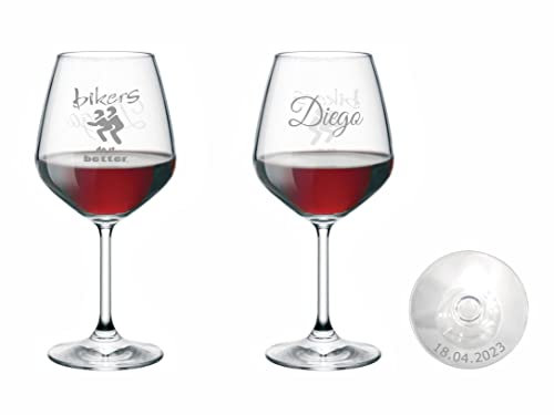 BIKERS DO IT BETTER Verre à vin Biker personnalisé, Gobelet de moto à vin rouge gravé, Personnalisable avec noms, initiales et différents personnages Idée cadeau (2 pièces)