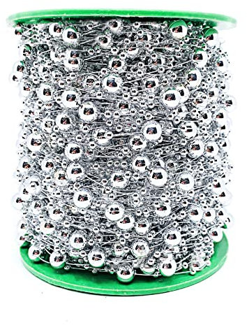 30m Perlengirlande Perlenband Perlenkette Perlenschnur Geschenkband Perlen Dekoband für DIY Basteln Party Tischdeko Hochzeit Braut Haarschmuck Ohrringe Halskette Brautstrauß Weihnachtsbaum,Silber