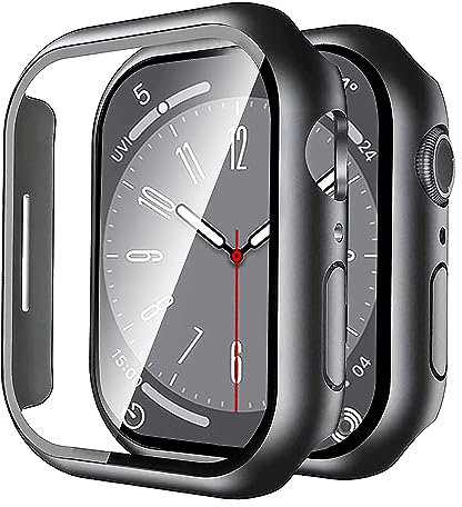 Uluck 2 Stück Hard Hülle mit Glas Displayschutz Kompatibel Apple Watch Series 9/8/7 45mm, Displayschutz Rundum Schutzhülle Ultradünnes Schutz Case, Schwarz