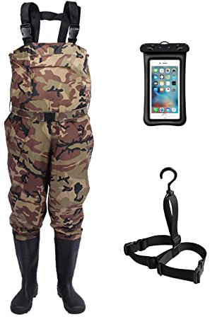 WHYUNM26 Waders Mimetici Pantaloni da Pesca Stivali Trampolieri Petto Impermeabili Pantaloni da Caccia Traspiranti con Gancio per Stivali e Custodia per Telefono,(EU47 US12)