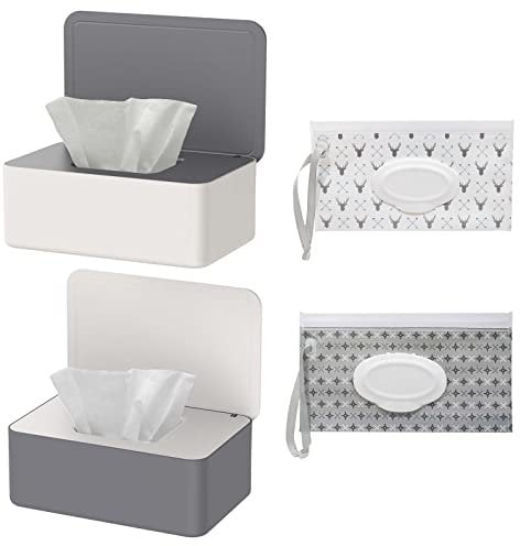 Lot de 2 Boîtes à Lingettes Humides et 2 Sacs pour Lingettes Humides, Boîte de Mouchoirs Humides avec Couvercle, Boîte à Papier Toilette Humide, Distributeur de Lingettes Humides