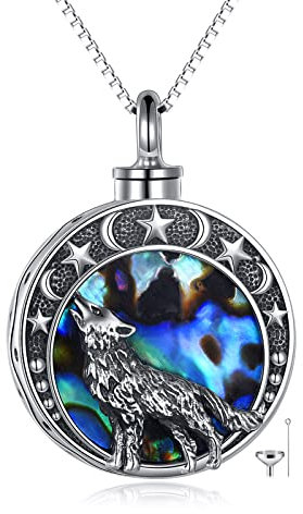 YAFEINI Wolf Kette Urnen Kette für Asche Sterling Silber Mond Wikinger Kette Anhänger Kremations Schmuck für Asche Erinnerungs Schmuck für Damen Männer(Wolf Kette Urnen)