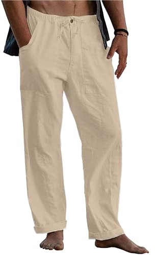 LVCBL Pantalones Deportivos Casuales de Lino para Hombre para Verano Holgados para Yoga Playa con Cintura Elástica
