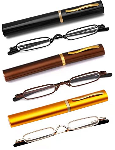 OWTXIS 3 Pack Mini Slim Pen Reading Glasses - Compact Readers with Pen Clip Case Spring Hinge Metal Frame Eyeglasses (Black, Brown, Gold, +1.75)