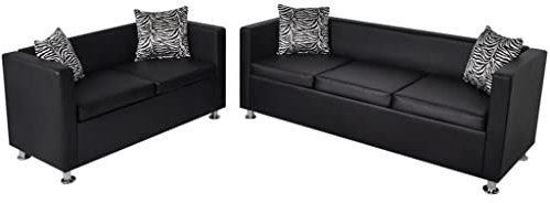 KOIECETA Sofa Set 3-Sitzer + 2-Sitzer Kunstledersofa Loungesofa Couch mit Kissen Schwarz