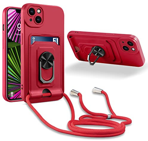 JMstore Mobile Phone Chain Protective Case Compatible with iphone 14 Plus, Ring Stand Magnetic Iron Sheet+Card Slot Camera Protection Silicone Case-Red