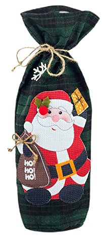Décorations de Noël Sac de Bouteille de vin en Toile de Jute Décoration de Bouteille de vin Rouge Ensemble de Bouteille de vin de Noël Bouchon Carafe Cristal (A, One Size)