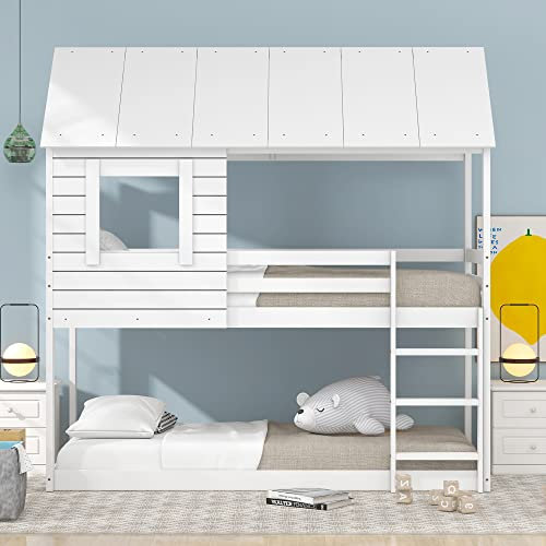 KecDuey 90 x 200cm Kinderbett,Hausbett Holz Etagenbett für Kinder mit Dach, Leiter und Lattenrost Wohnzimmer (Weiß)