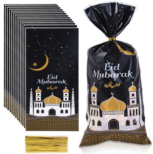 Leonshco 100 Stück Ramadan Tüten zum Befüllen, Eid Mubarak Tüten mit Moschee-Druckmuster, Ramadan Dekoration Cellophantüten mit 100 Twist Krawatten für Süßigkeiten/Kekse/Ramadan Geschenke (C)