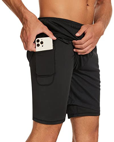 AMZSPORT Herren 2 in 1 Sport Shorts Kurze Laufhose Sporthose mit Reißverschlusstaschen, Schwarz XXL