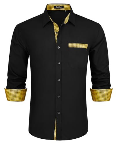 Enlision Shirts for Men Adult Black and Gold Formal Dress Shirts Long Sleeve Non Iron Buttoned Spread Collar for Suit Wedding Evening Dinner L