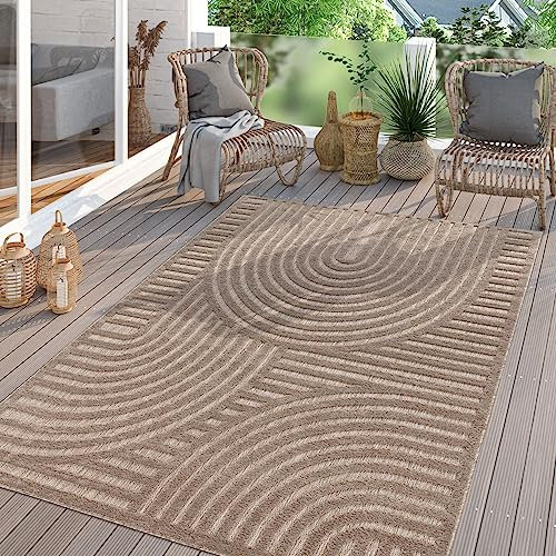 TT Home In-& Outdoor Teppich Wetterfest Balkon Küche Wohnzimmer Boho Skandi Design, Farbe:Hellbeige Beige, Größe:160x220 cm