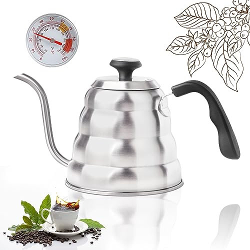 EFUTURETIME Schwanenhalskessel Wasserkocher mit Thermometer 1.2 L, Wasserkessel Edelstahl Kaffeekanne Gooseneck Kettle für Gas- und Induktionskochfelder, Gebürstet