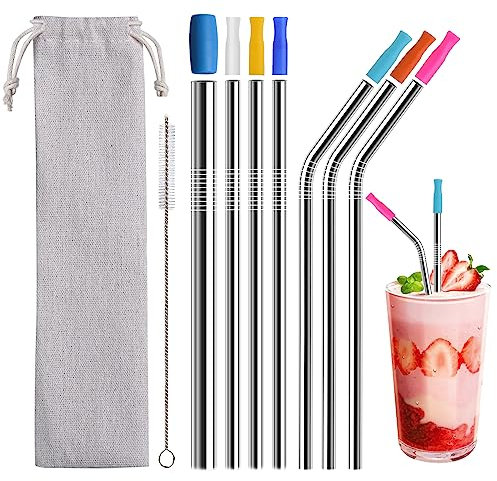 WK IEASON 7Pcs Edelstahl Strohhalme Set, 8,5 Eco-Friendly wiederverwendbare Strohhalme Lebensmittelqualität Metall Strohhalm mit 1 Reinigungsbürste und Silikon-Tipps für Smoothie Milchshake Cocktail