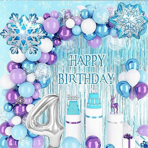 4 Jahre Frozen Geburtstagdeko Mädchen,Blau Lila Geburtstag Deko mit 4th Cake Topper Regenvorhang Folie 3D Snowflake Luftballons für 4. Eiskönigin Kindergeburtstag Deko