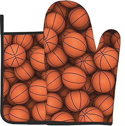 OPSREY Set da 2 guanti da forno e presina stampati arancioni con stampa di pallacanestro