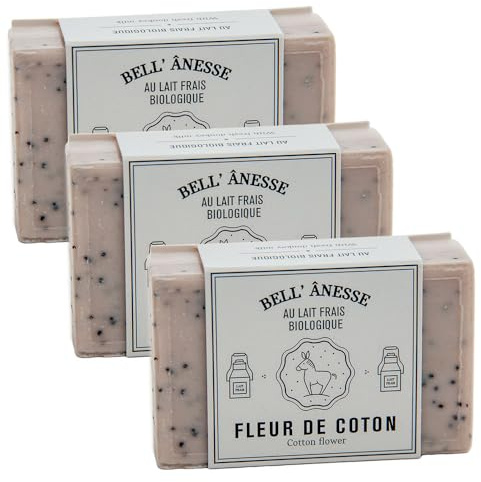 Label Provence - Doppelseitige Peeling-Seife mit französischer Seife – für Weichmachung, Befeuchtung und Pflege für alle Hauttypen – Baumwollblumen- und Eselmilchduft – 125 g – 3er-Set