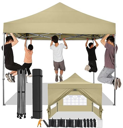 COBIZI Gazebo 3x3,Gazebo Esterno Resistente con Parete Laterale e Sacchi di Sabbia,Esterno Pieghevole Impermeabile Gazebo da Giardino,Tendone Padiglione Pop Up per Feste Campeggio (3 per 3m Cachi)