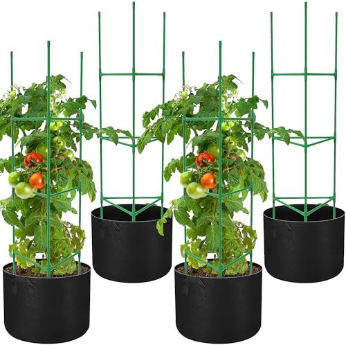 DECOHS 4 Packs Garden Tomato Cages with Grow Bags- Triangle Plant Cages Trellis Assembled with Planter Bags- Garden Cucumber Vegetables Cages for Vertical Climbing Plants