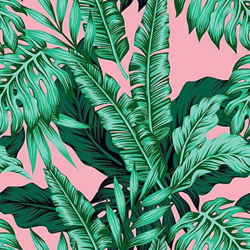 VEELIKE Papier Peint Tropical Rose Feuilles de Palmier Papier Peint Feuillage Vert Papier Peint Fleuri Rose Papier Peint Jungle Papier Peint Adhesif Mural Salle de Bain Chambre Salon 44,5 cm × 300cm