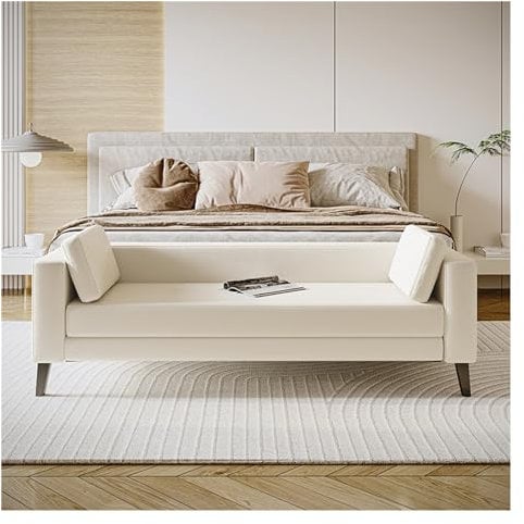 end of bed storage bench Cloth Bedroom Bench for End of Bed, Modern Upholstered Ottoman Bench Long Entryway Bench for Bathroom Living Room Foyer Indoor bed end bench ( Color : White , Size : 180*60*60