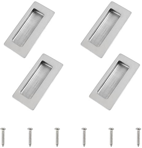 MOROBOR 4 tiradores rectangulares empotrados ocultos, tiradores de puerta corrediza con tornillos, tiradores ocultos de acero inoxidable para cajones de armario (plata cepillada/86 mm)