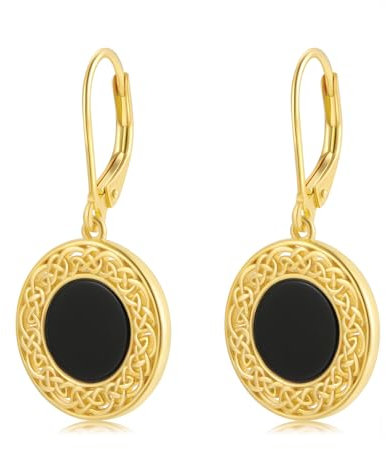 Schwarzer Onyx Ohrringe 925 Sterling Silber Keltischer Knoten Ohrringe Gold Leverback Ohrringe Vintage Dangle Drop Ohrringe Keltischer Schmuck Geschenke für Frauen Mädchen Geburtstag